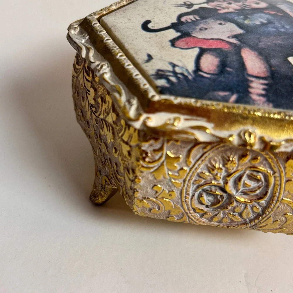 Vintage Miel Sankyo Music Box Gold‎ Filigree Hexagon Kid Umbrella Japan tested